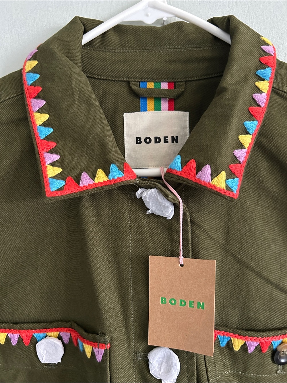 Boden Olive Green Utility Jacket with Colorful Embroidered Trim - Picture 2 of 9